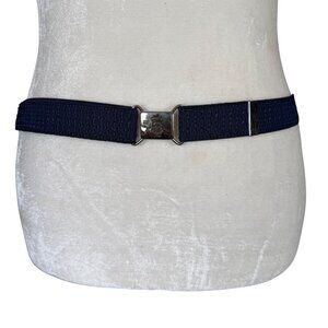 Vintage unisex dark blue elastic fabric belt with silver stylized crown emblem